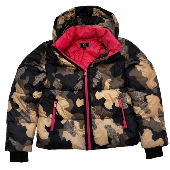 G by Giuliana Camo Puffer Jacket with Detachable Hood Size XXS Brown Pink NEW