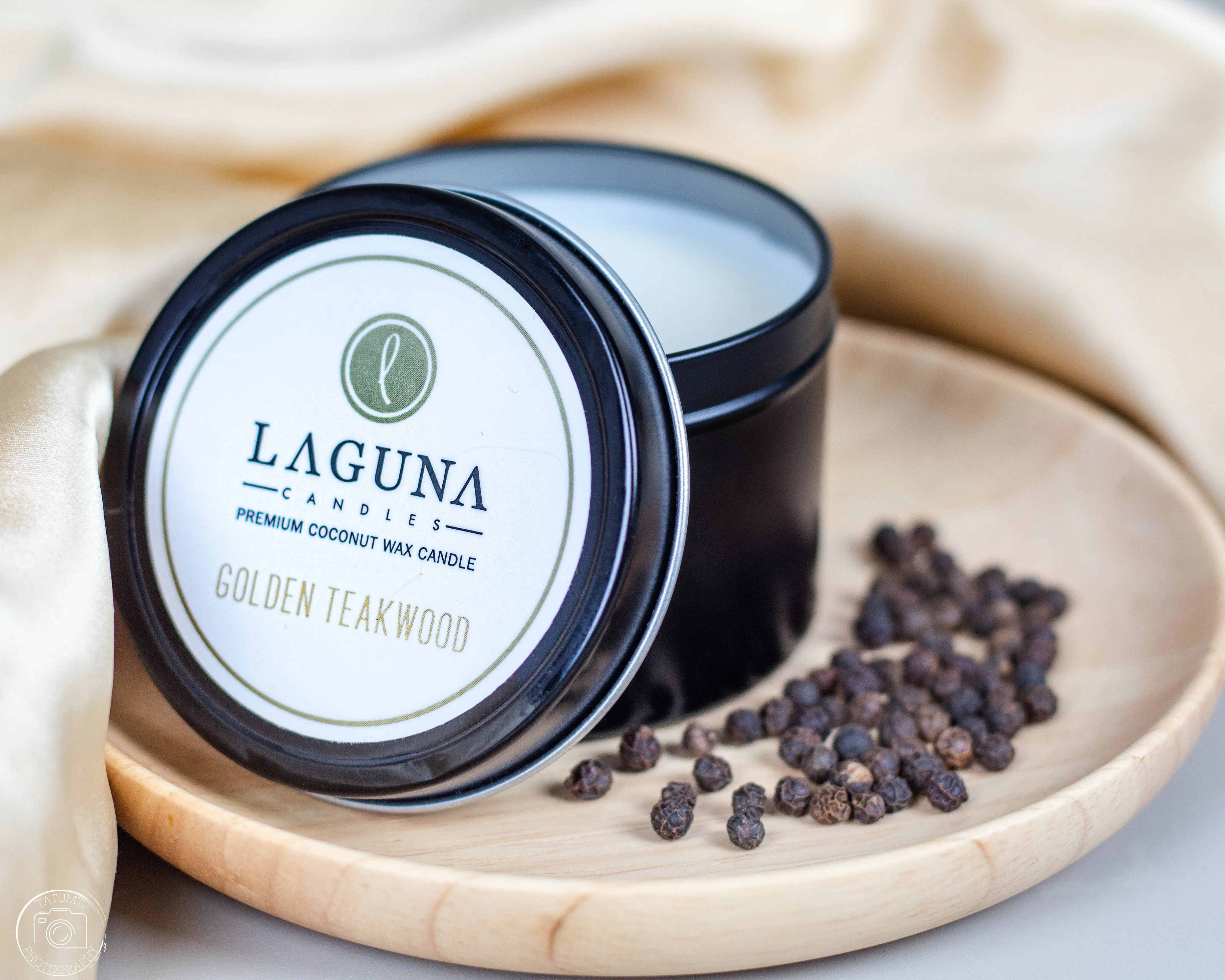 Golden Teakwood 6oz Travel Tin Candle