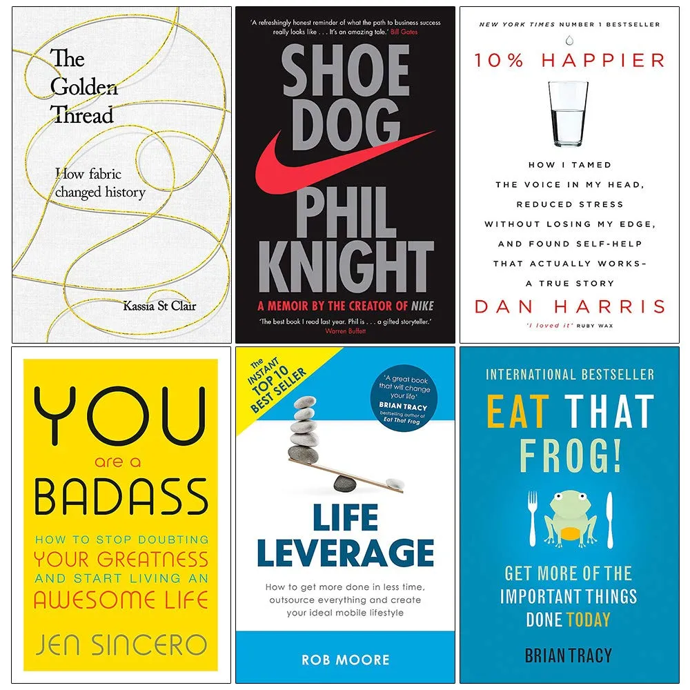 Golden Thread,Shoe Dog,10% Happier,You Are,Life Leverage, Eat That Frog 6 Books Collection Set