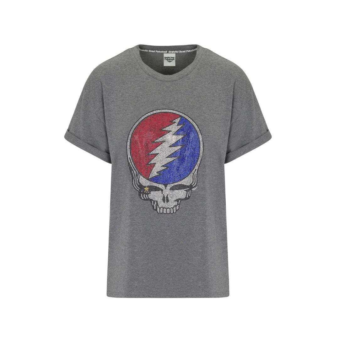 Grateful Dead Rhinestone Stealie Relaxed T-Shirt - Heather Gray