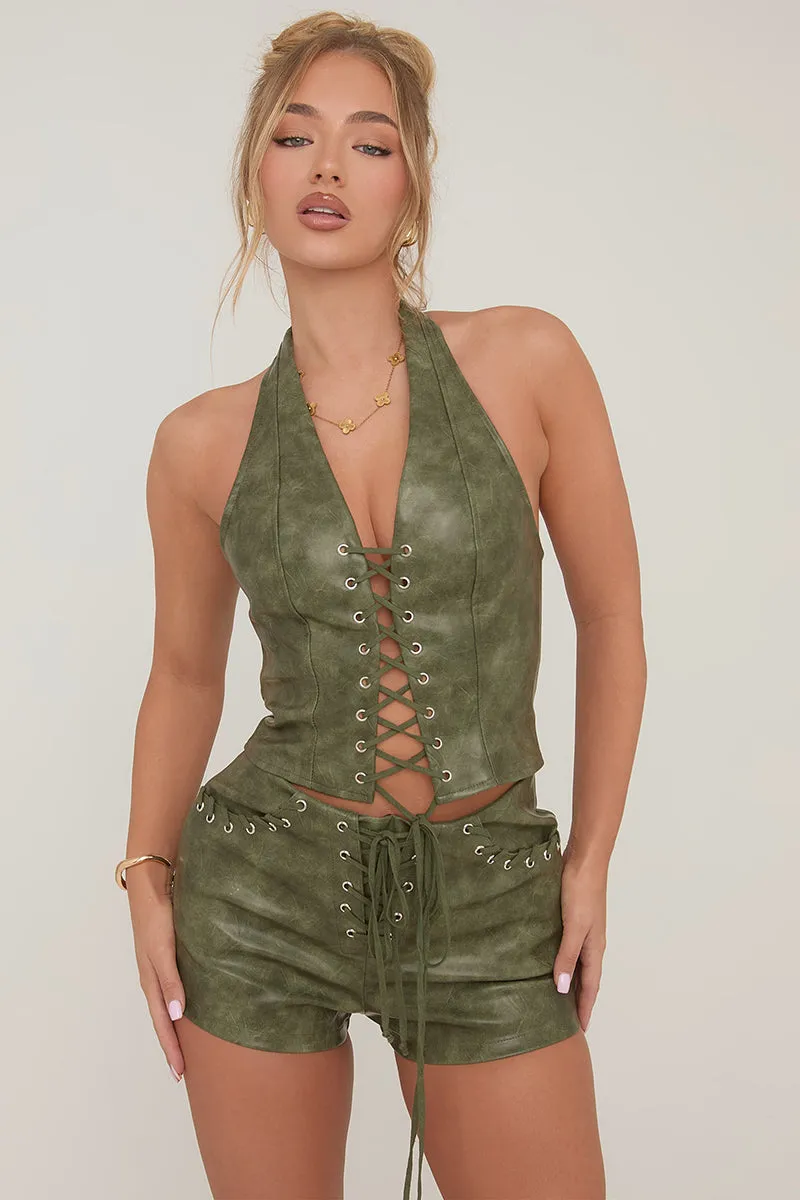 Green Faux Leather Lace Front Shorts - June