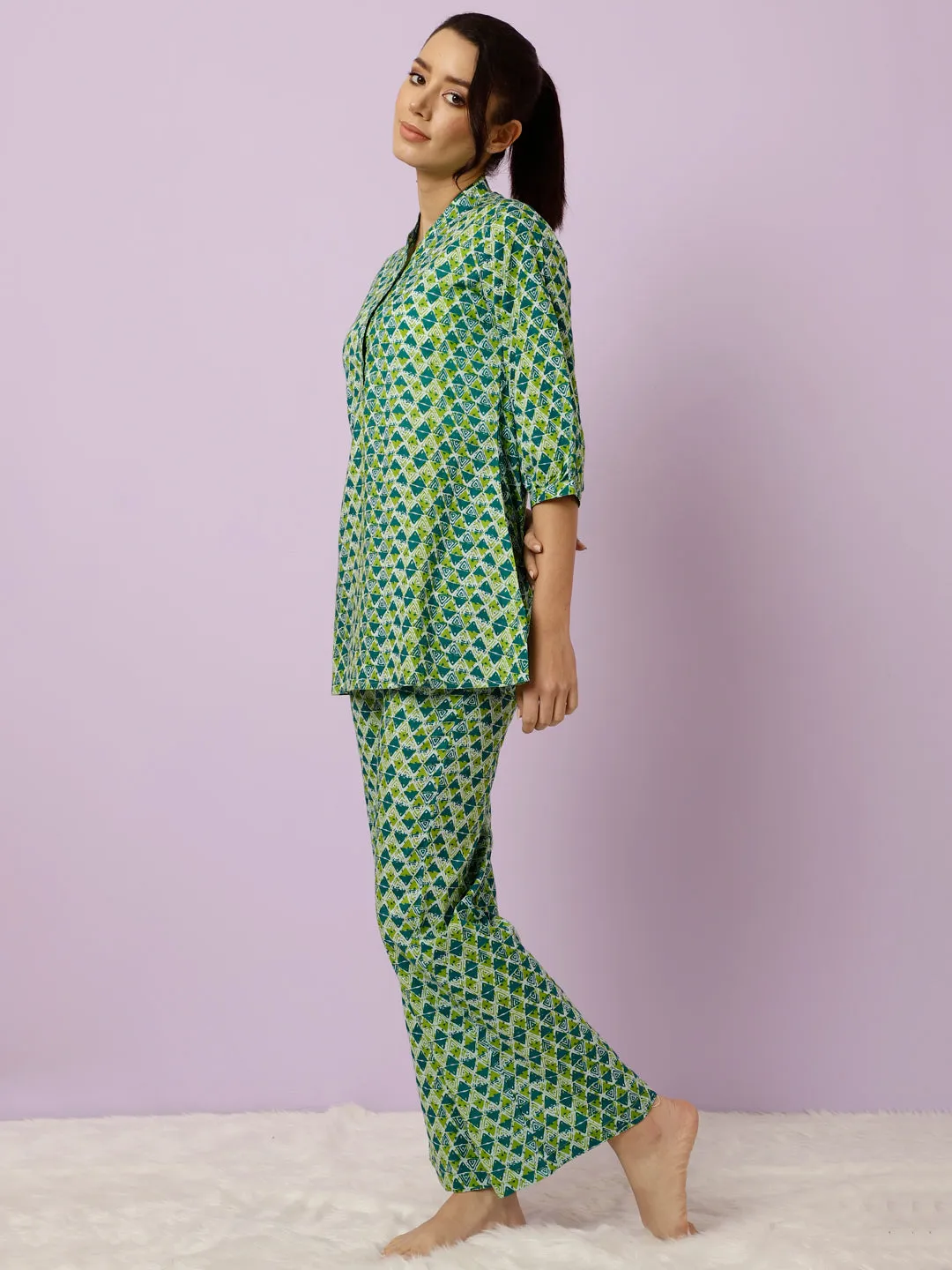 Green Geometric Printed Kurta With Palazzo Loungewear