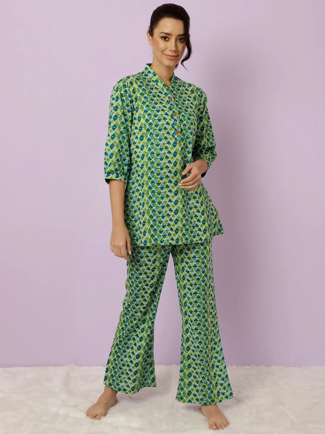 Green Geometric Printed Kurta With Palazzo Loungewear