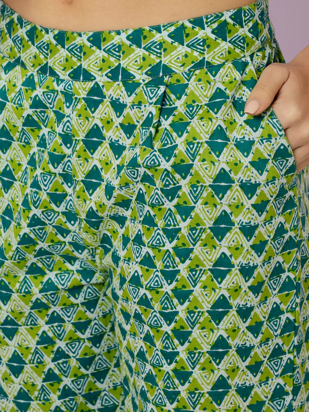 Green Geometric Printed Kurta With Palazzo Loungewear