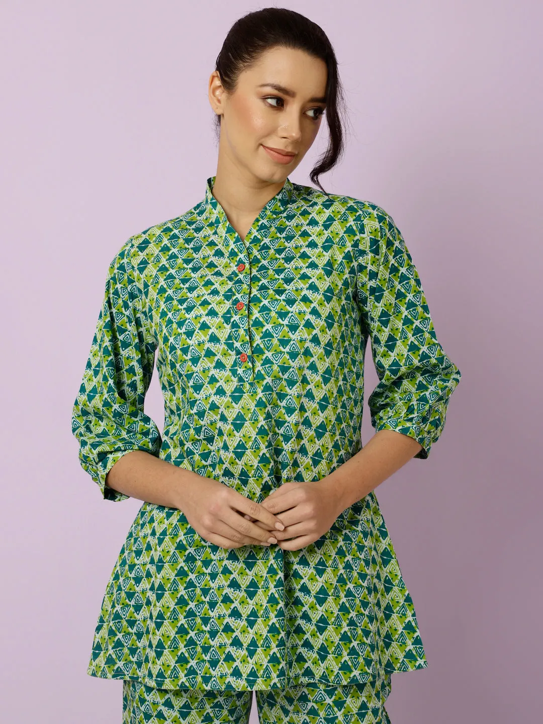 Green Geometric Printed Kurta With Palazzo Loungewear