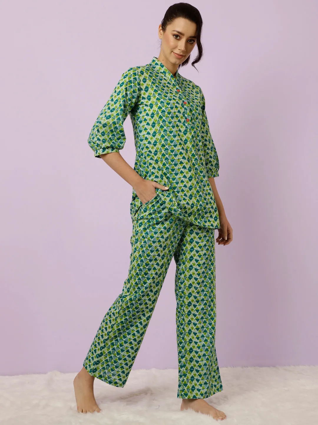 Green Geometric Printed Kurta With Palazzo Loungewear
