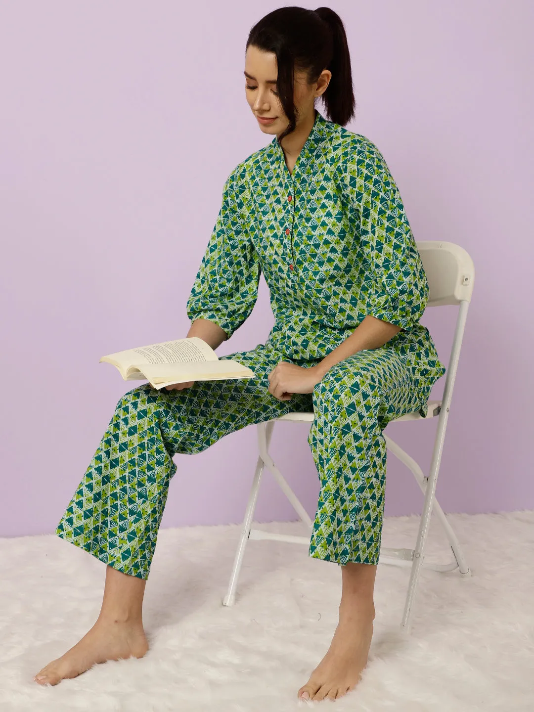 Green Geometric Printed Kurta With Palazzo Loungewear