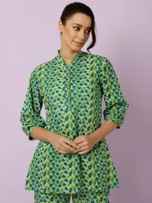 Green Geometric Printed Kurta With Palazzo Loungewear