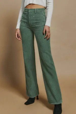 Green Square Pockets Flare Leg Corduroy Pants