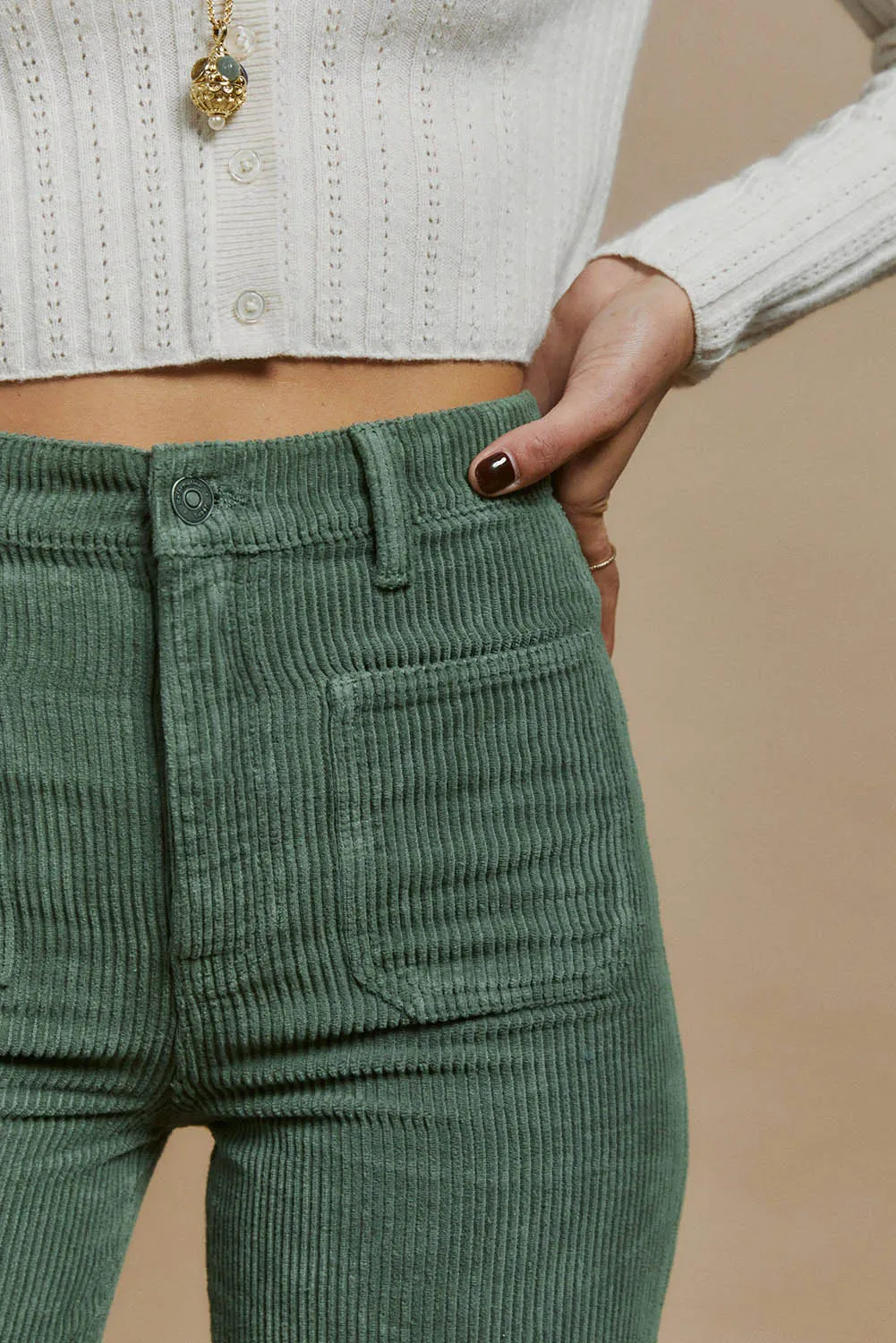 Green Square Pockets Flare Leg Corduroy Pants
