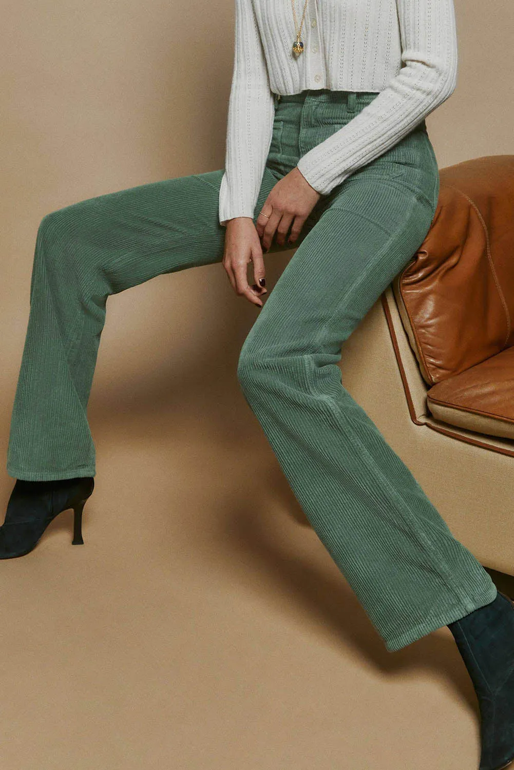 Green Square Pockets Flare Leg Corduroy Pants