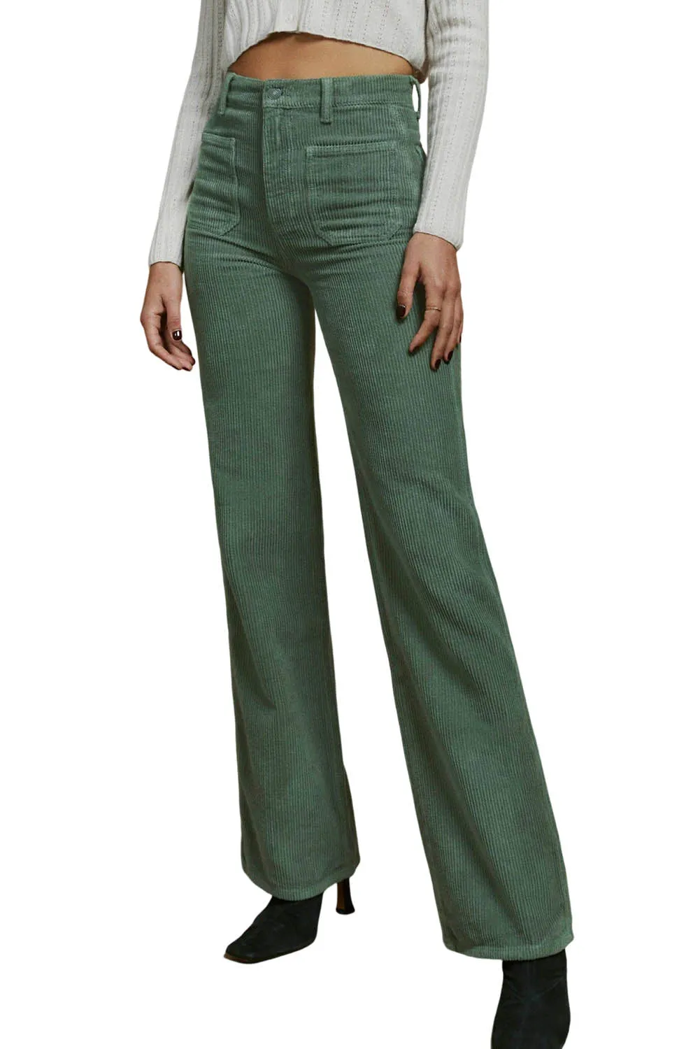 Green Square Pockets Flare Leg Corduroy Pants
