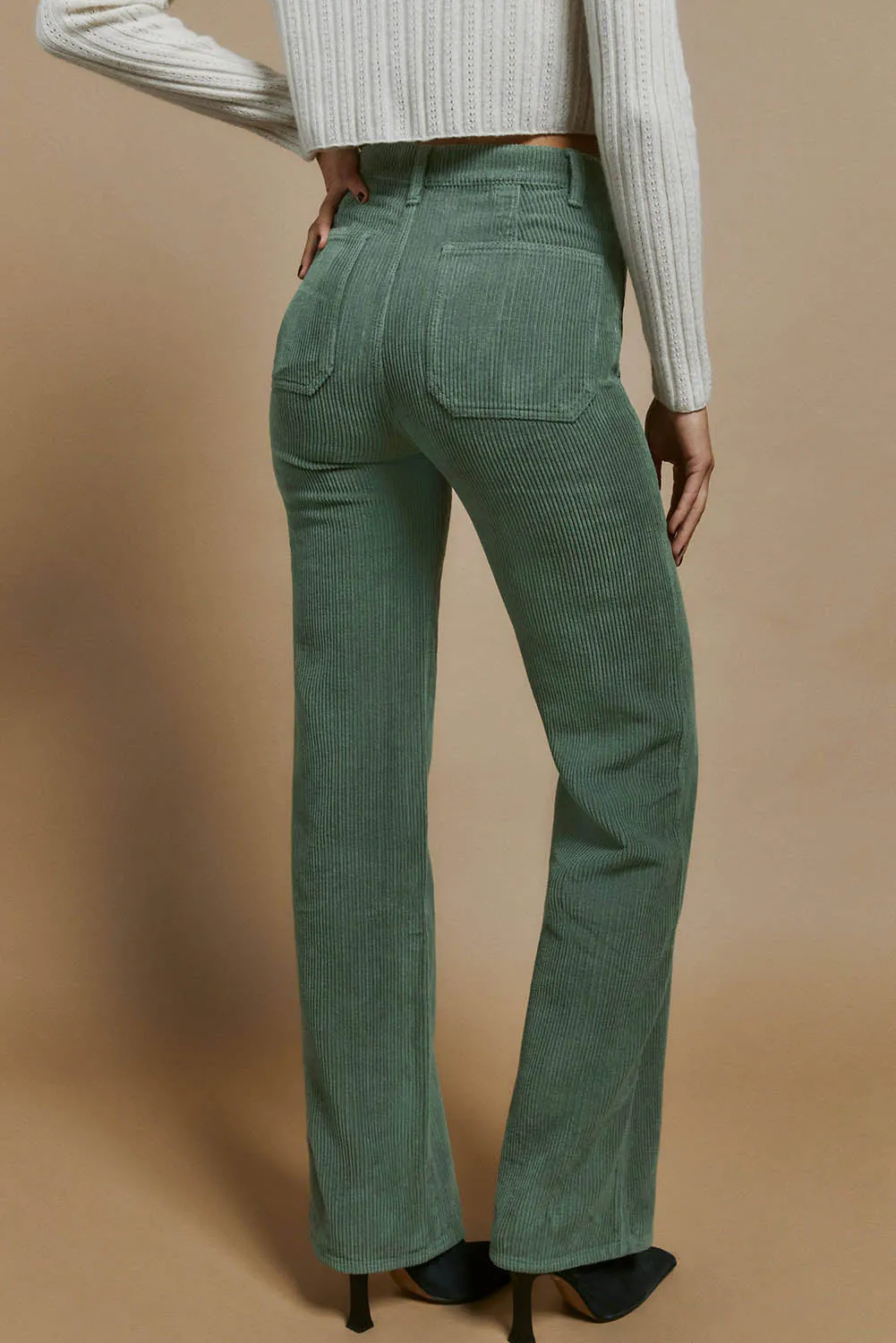 Green Square Pockets Flare Leg Corduroy Pants