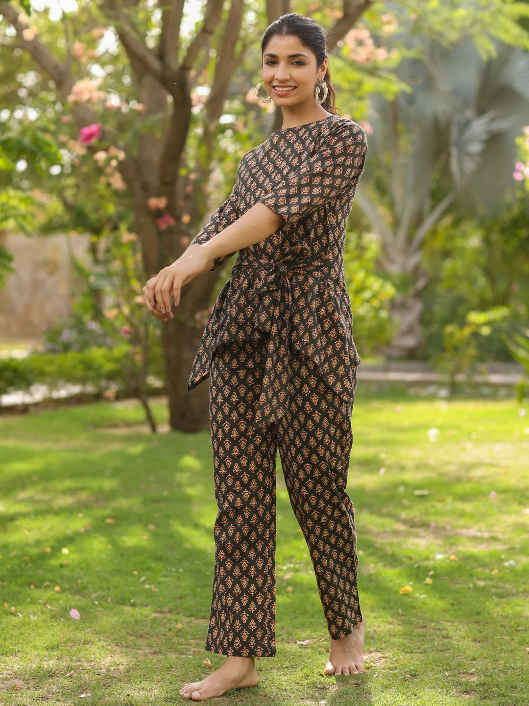 Grey Printed Cotton High-Low Top Loungewear
