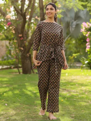 Grey Printed Cotton High-Low Top Loungewear