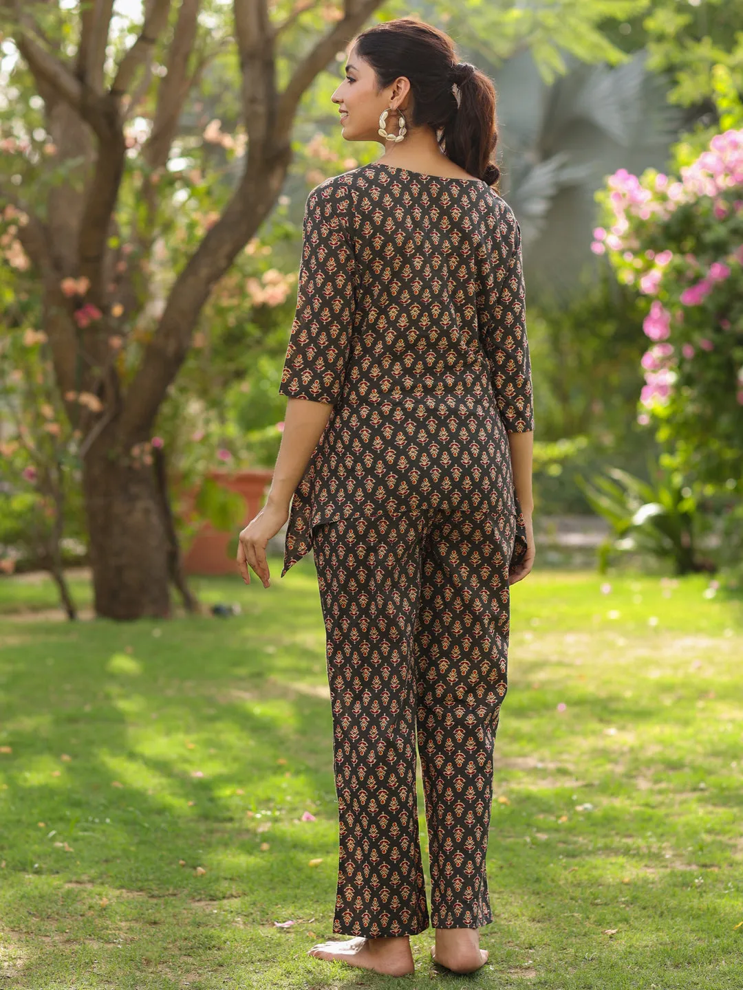 Grey Printed Cotton High-Low Top Loungewear