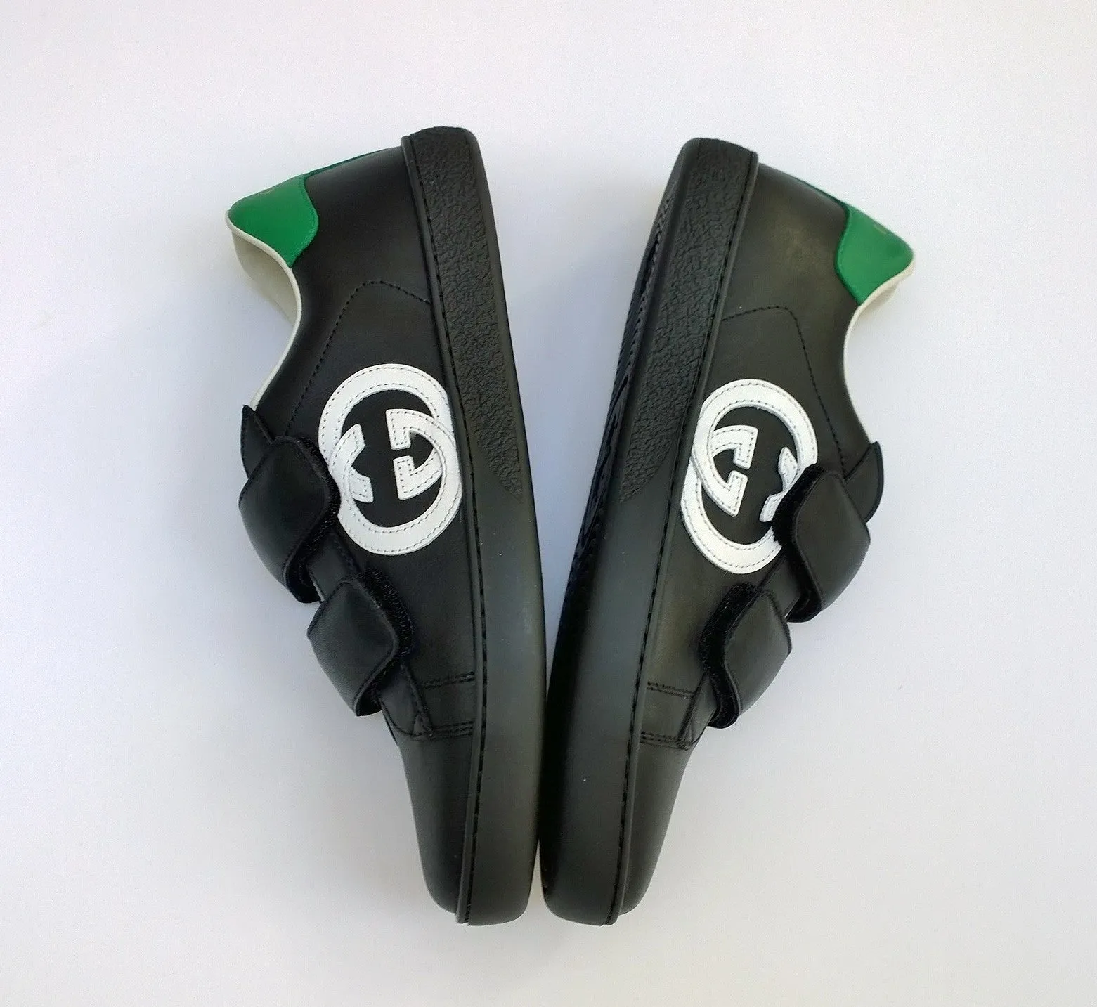 Gucci Ace Black Leather GG Sneakers Velcro Closure