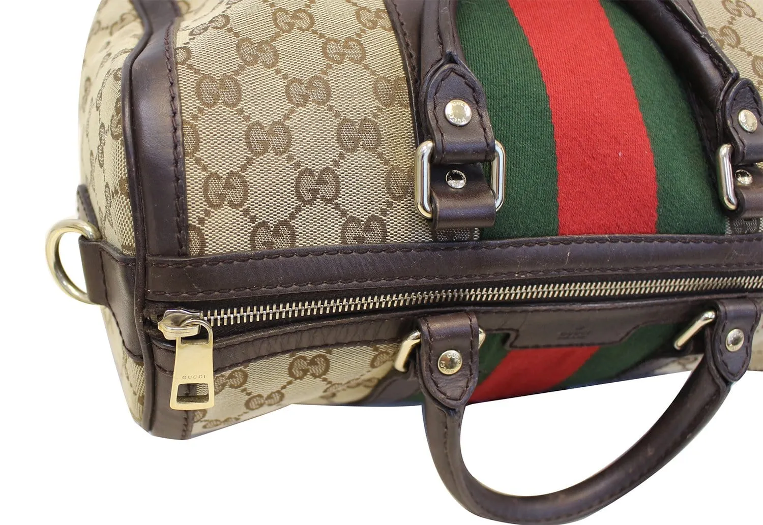 GUCCI Web Original GG Monogram Canvas Boston Beige Bag
