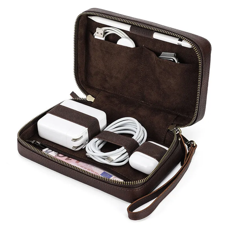 Handmade Leather Charger and Cable Organizer Bag Cord organizer Travel Zipped Leather Kit Full Grain Leather Travel Electronics Accessories Bag