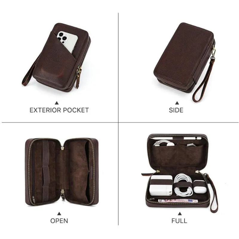 Handmade Leather Charger and Cable Organizer Bag Cord organizer Travel Zipped Leather Kit Full Grain Leather Travel Electronics Accessories Bag