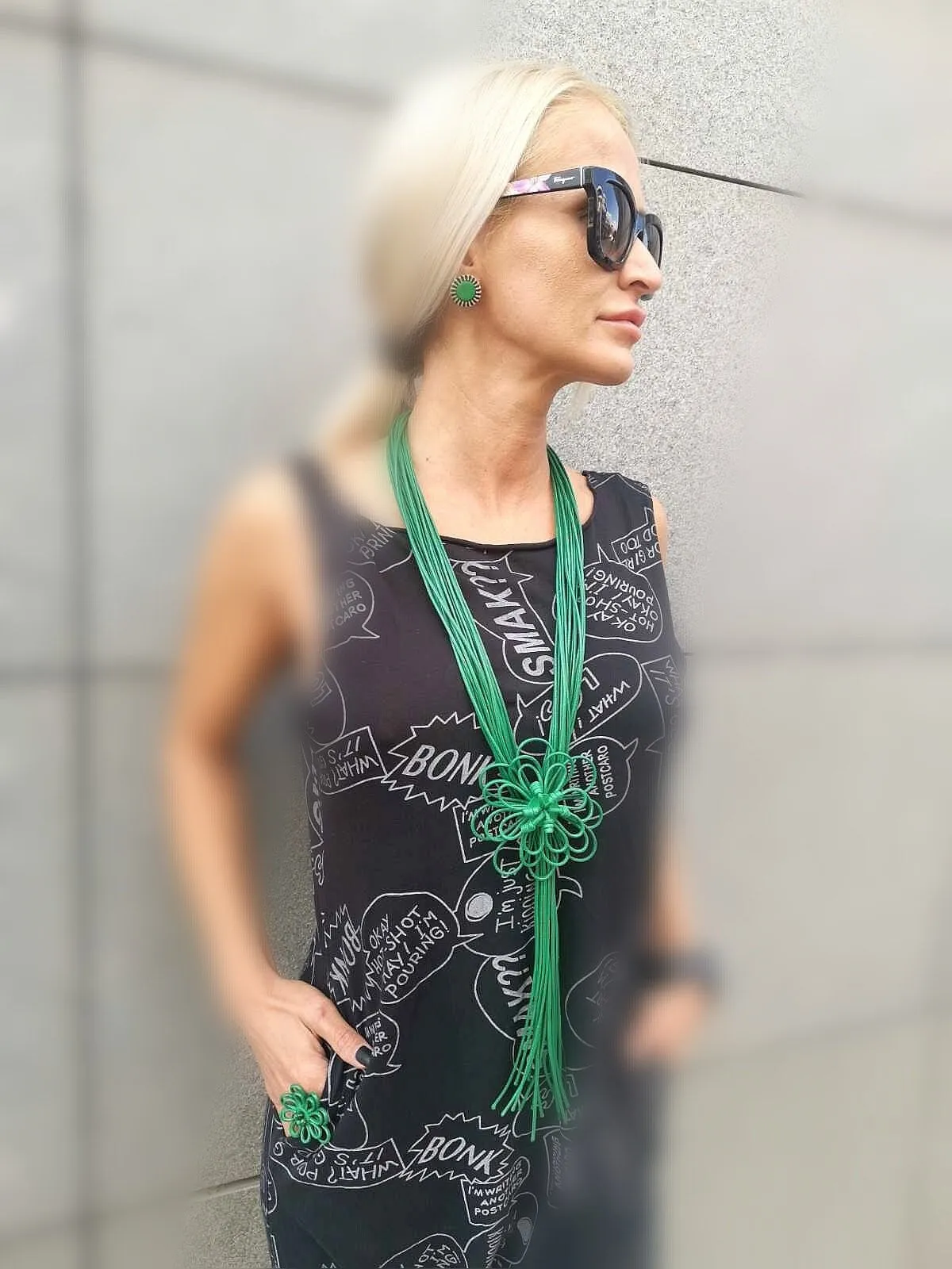 Handmade Long Leather Necklace/ Extravagant Flower Necklace in Green