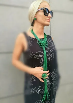 Handmade Long Leather Necklace/ Extravagant Flower Necklace in Green