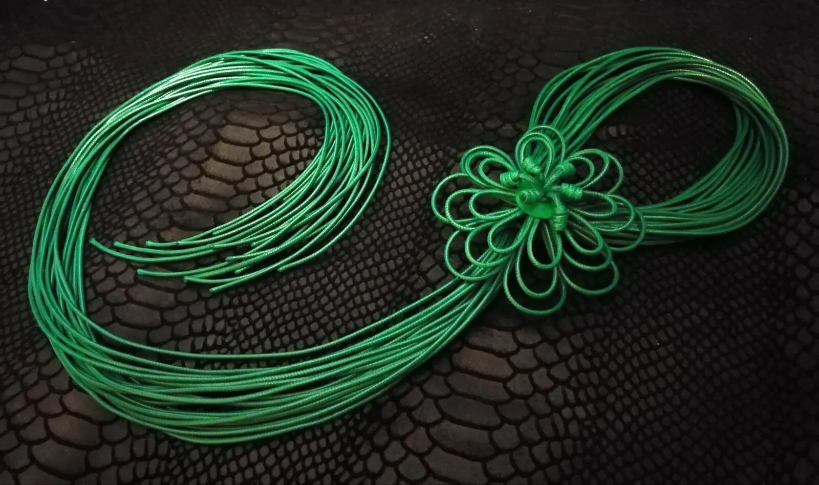Handmade Long Leather Necklace/ Extravagant Flower Necklace in Green