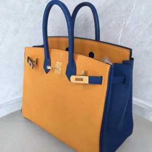 Hermes Birkin HSS 25 Jaune d'Or/Bleu Saphir Chevre Mysore Brushed Gold Hardware BGHW
