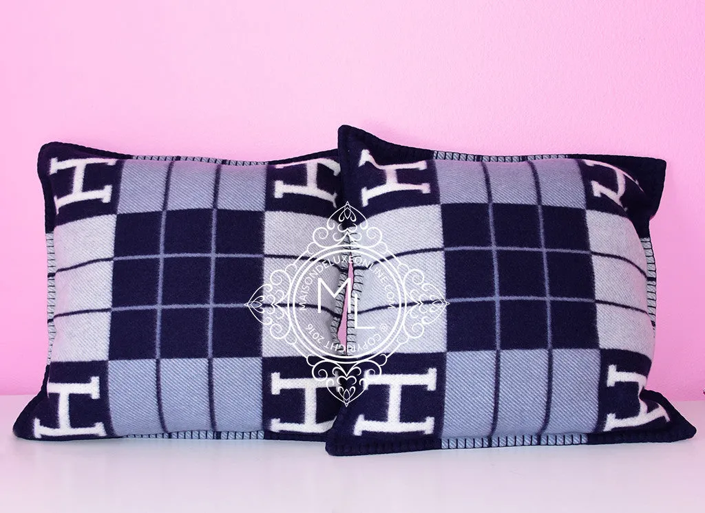 Hermes Classic Caban Blue Wool Cashmere Avalon III Cushion Pillow