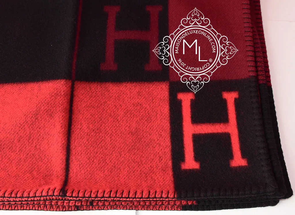 Hermes Large Plaid Rouge Noir Tricolore Wool Cashmere H Avalon Blanket