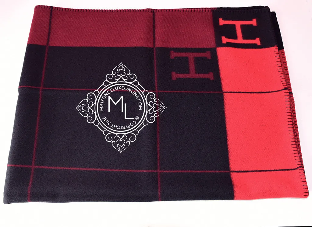 Hermes Large Plaid Rouge Noir Tricolore Wool Cashmere H Avalon Blanket