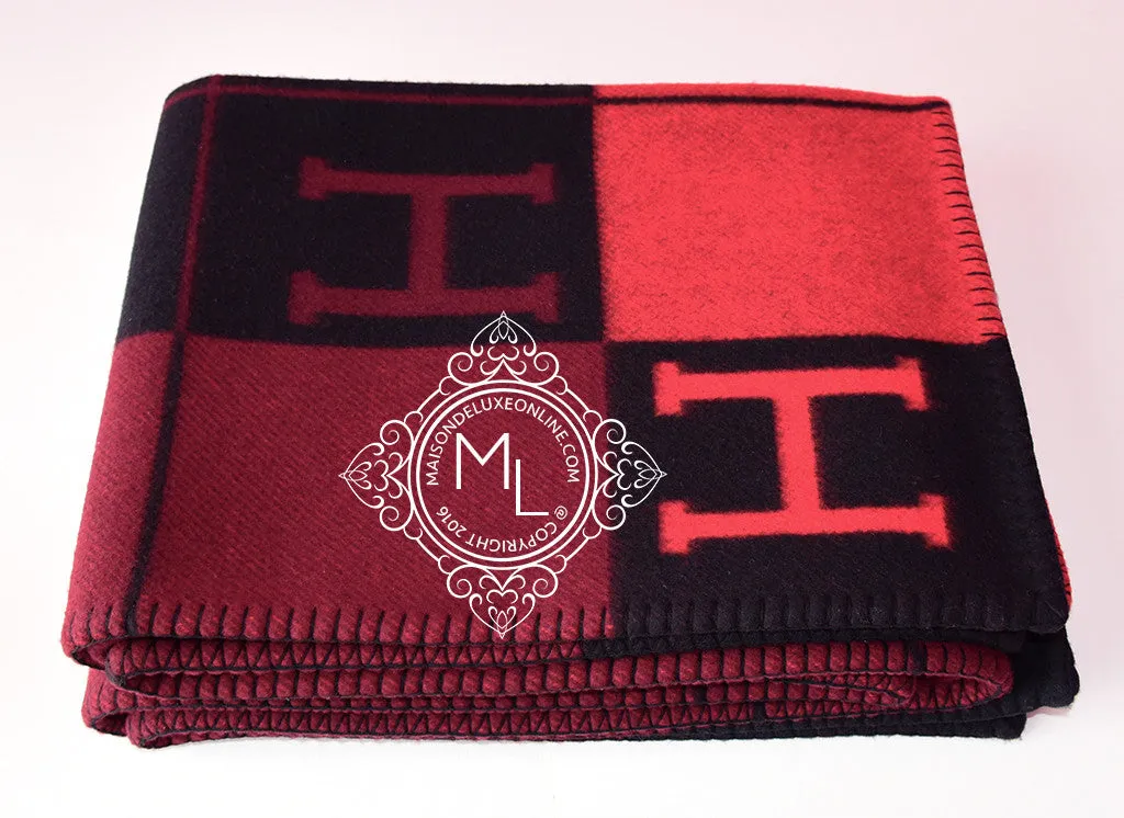 Hermes Large Plaid Rouge Noir Tricolore Wool Cashmere H Avalon Blanket