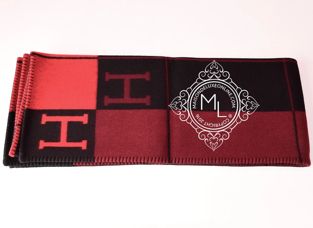 Hermes Large Plaid Rouge Noir Tricolore Wool Cashmere H Avalon Blanket
