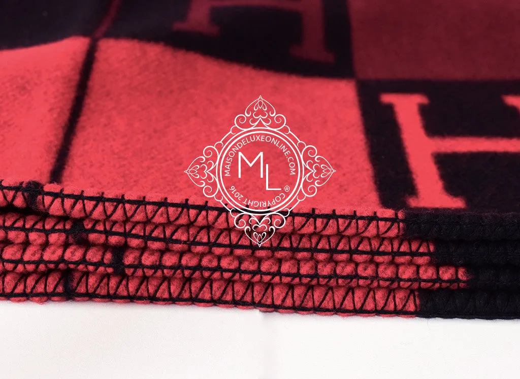 Hermes Large Plaid Rouge Noir Tricolore Wool Cashmere H Avalon Blanket