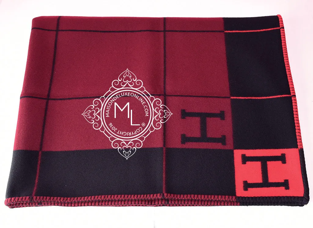 Hermes Large Plaid Rouge Noir Tricolore Wool Cashmere H Avalon Blanket