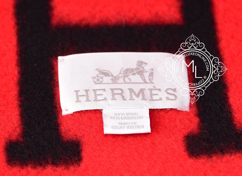 Hermes Large Plaid Rouge Noir Tricolore Wool Cashmere H Avalon Blanket