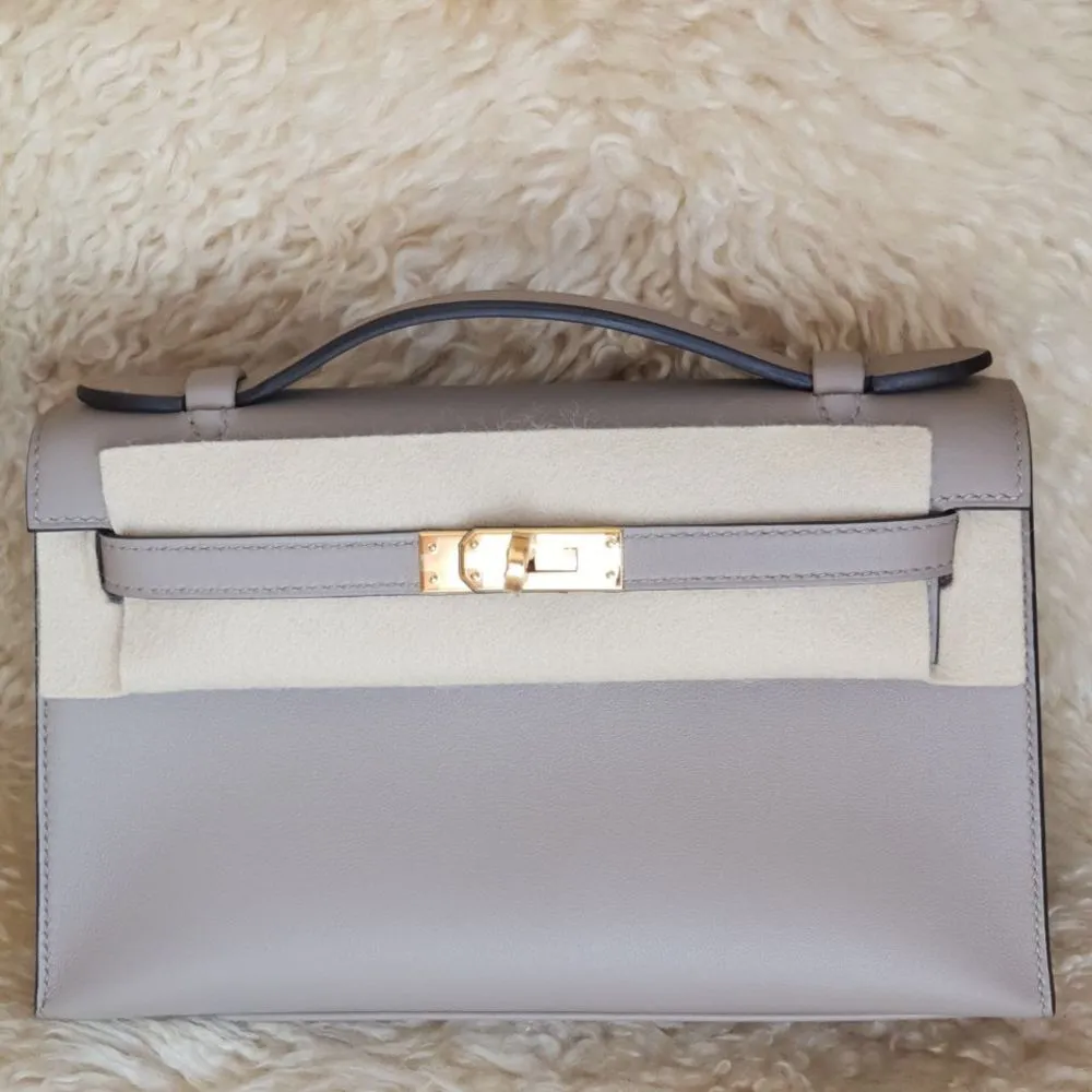 Hermès Kelly Pochette Gris Asphalte Swift Gold Hardware GHW