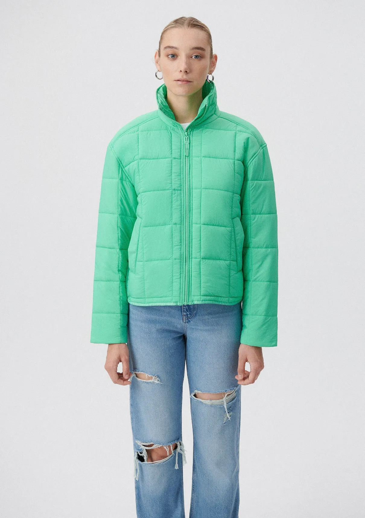 High Collar Green Puffer Jacket