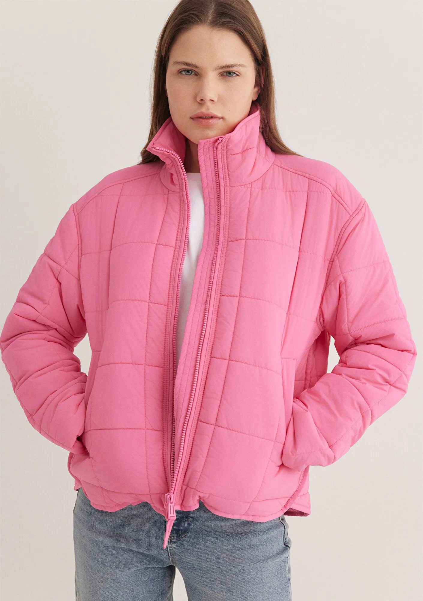 High Collar Pink Puffer Jacket