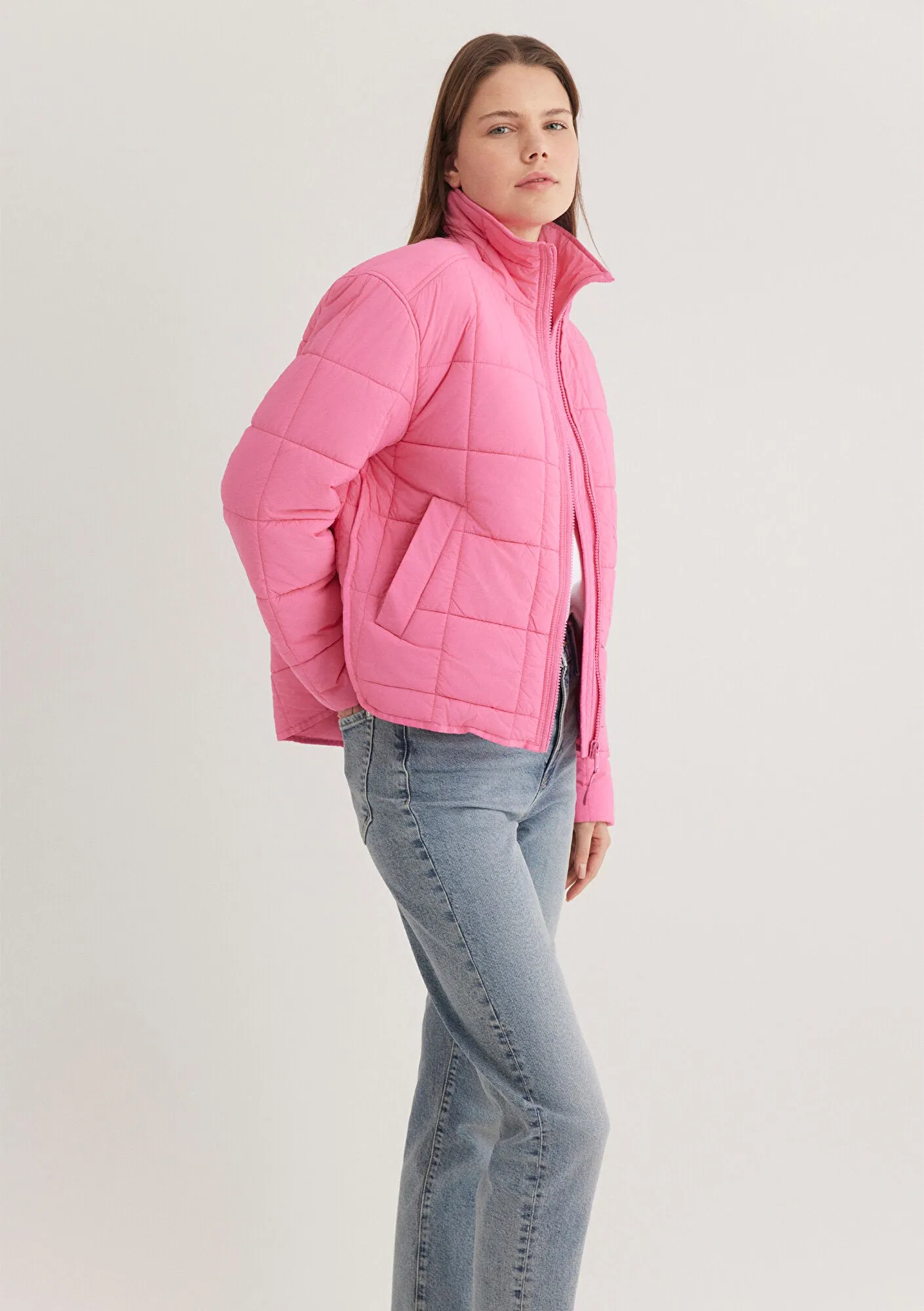 High Collar Pink Puffer Jacket