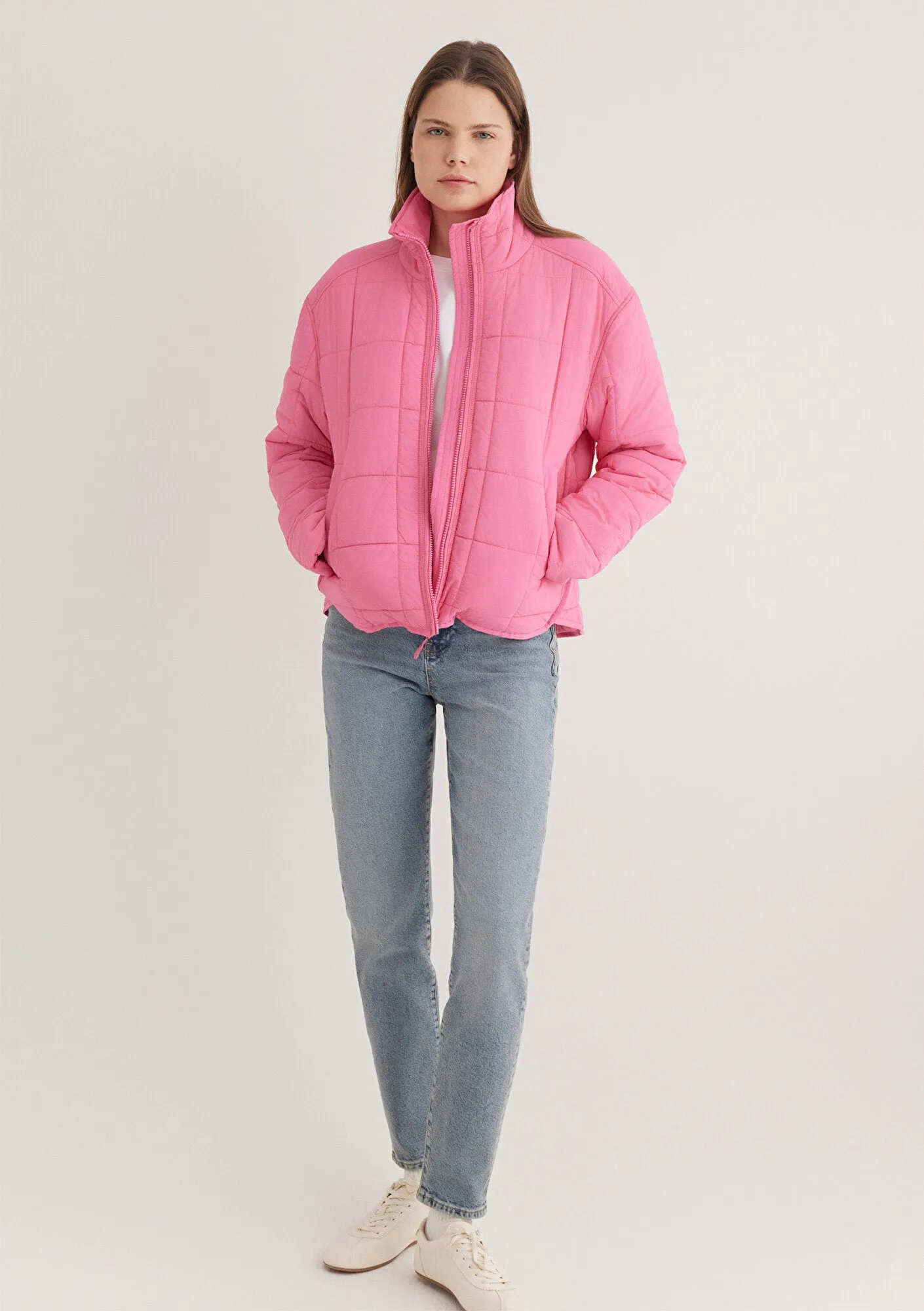 High Collar Pink Puffer Jacket
