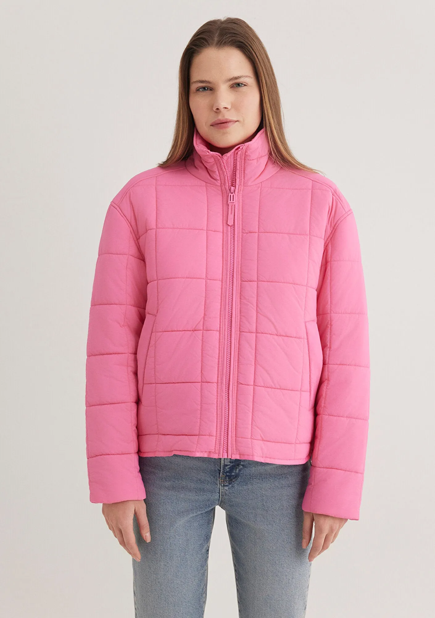 High Collar Pink Puffer Jacket