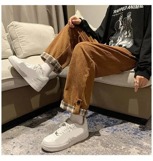 High Waist Back Side Plaid Corduroy Long Pants