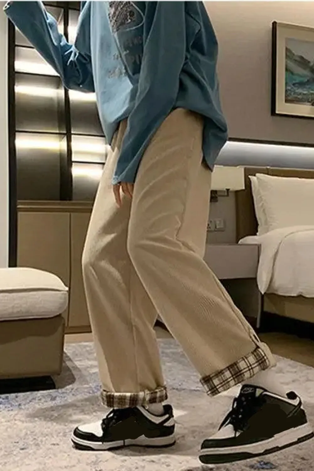 High Waist Back Side Plaid Corduroy Long Pants