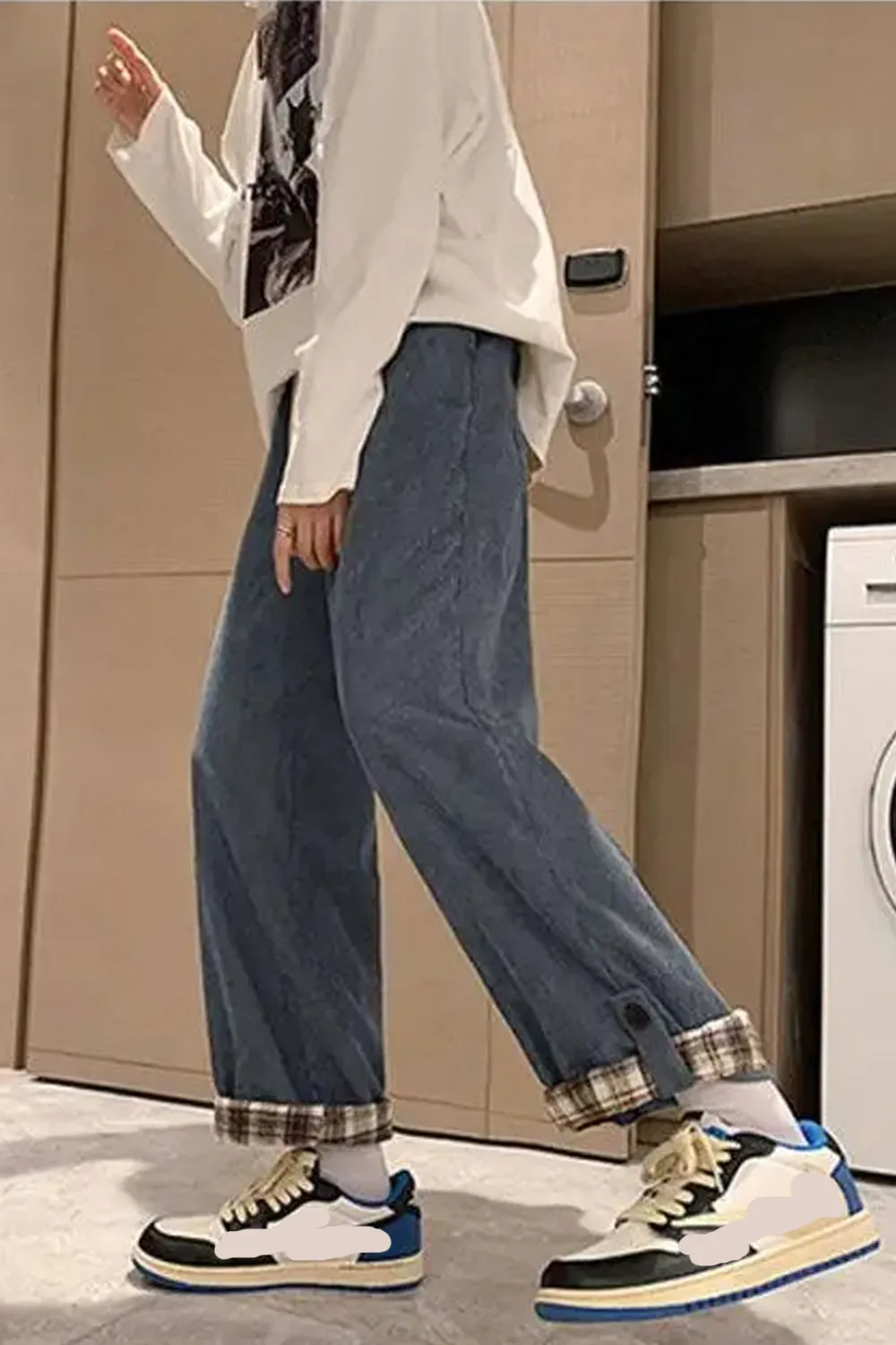 High Waist Back Side Plaid Corduroy Long Pants