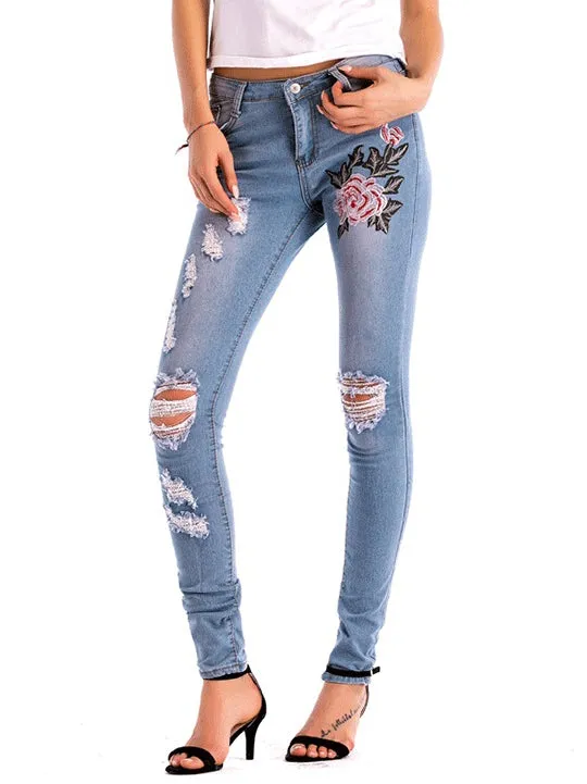 High Waist Female Embroidered Hole Denim Trousers