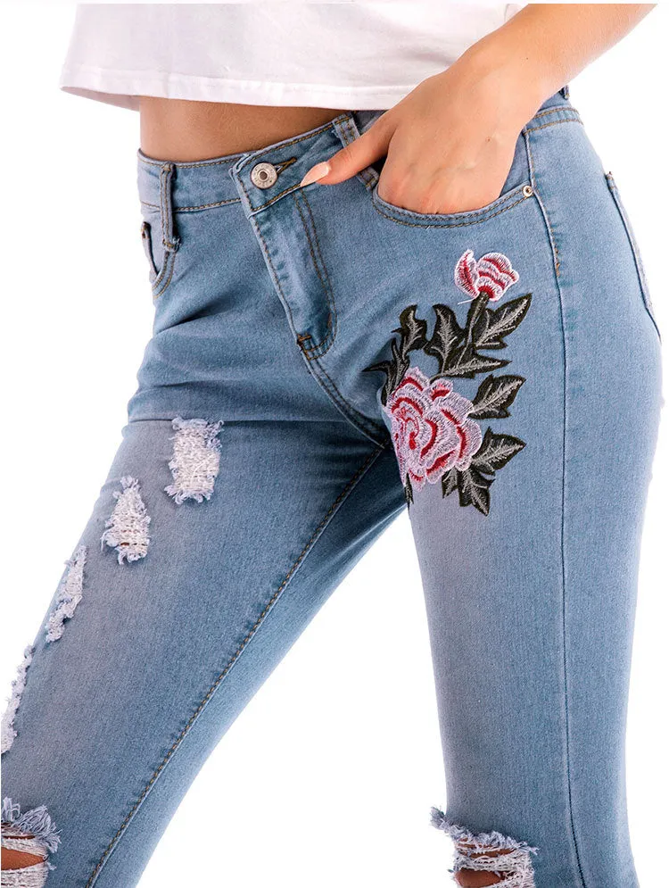 High Waist Female Embroidered Hole Denim Trousers