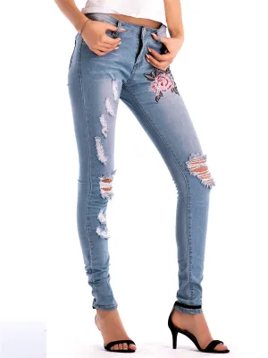 High Waist Female Embroidered Hole Denim Trousers