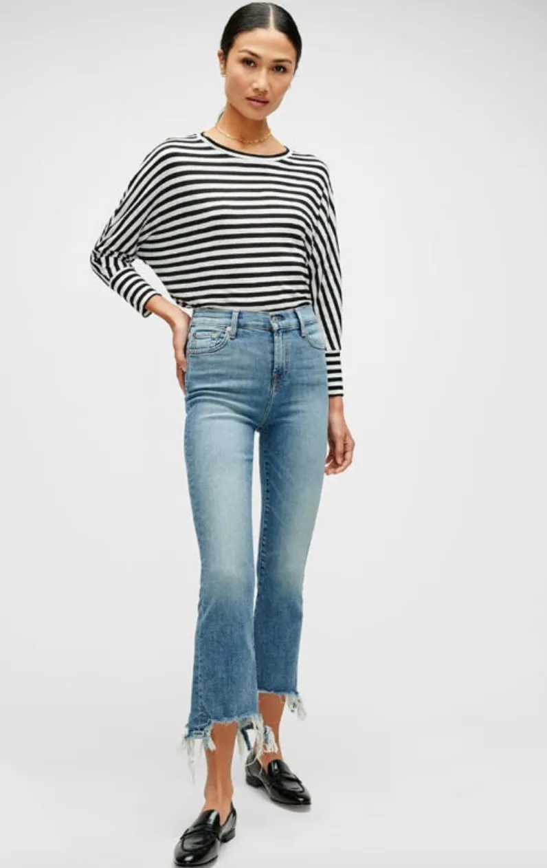 High Waist Slim Kick with Long Side Hem and Destroy