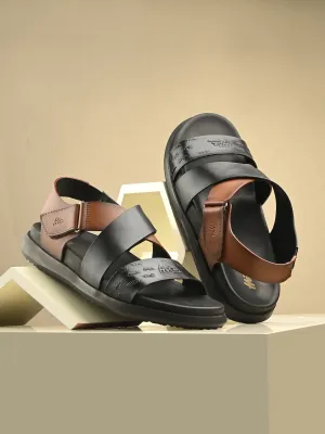 Hitz Men's Black Leather Casual Daily Wear Velcro Sandals